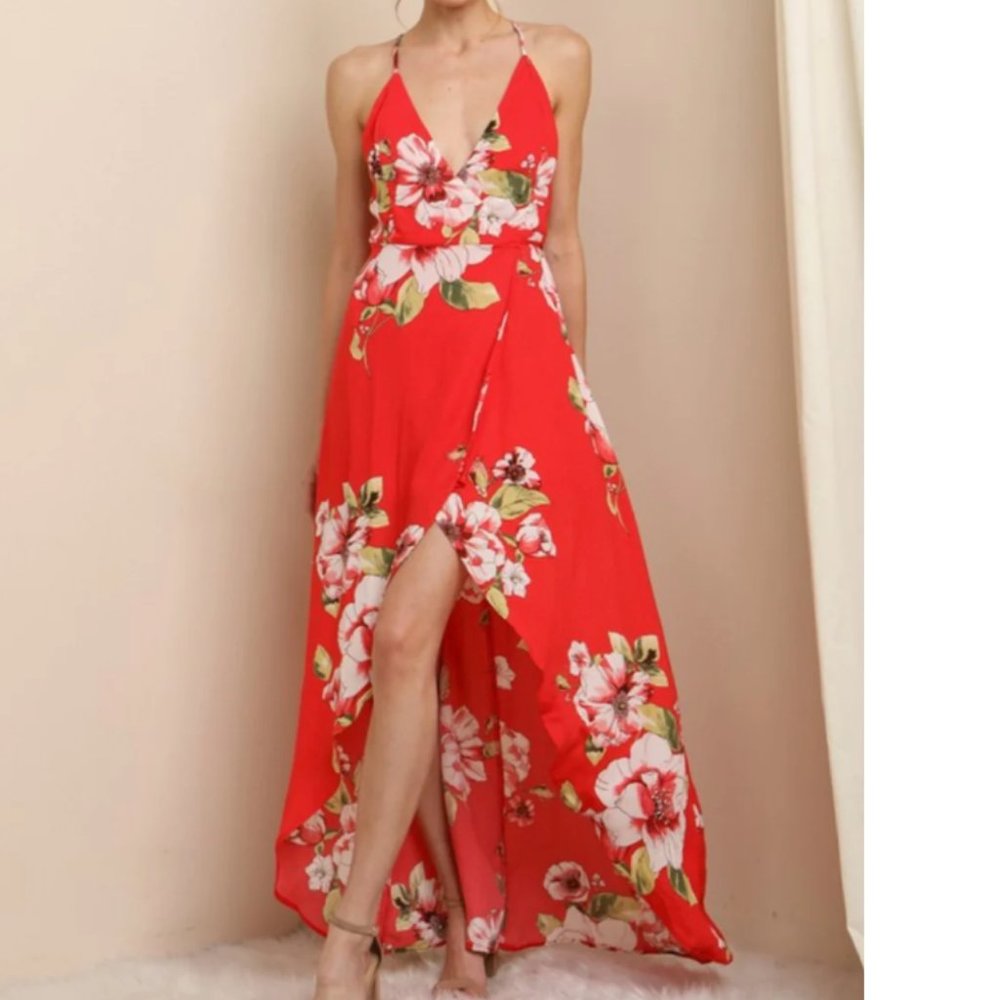 Beautiful Red Floral Maxi Dress L
